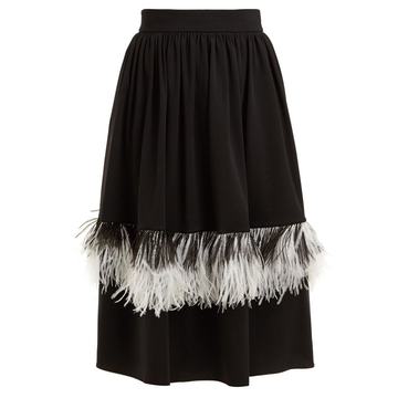 Feather-embellished wool-blend midi skirt