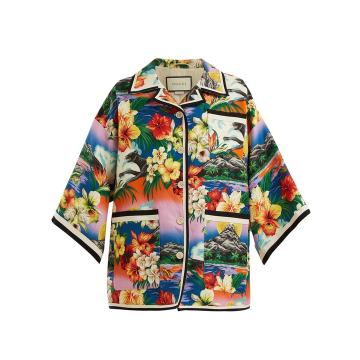 Hawaiian-print oversized linen jacket