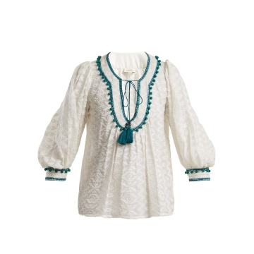 Zipzag embroidered cotton and silk-blend shirt