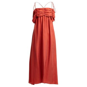 Ruched-detail square-neck silk dress