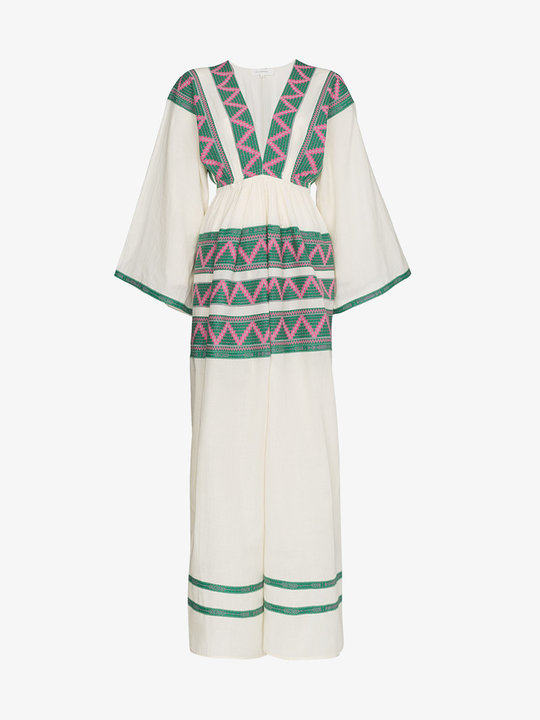 V-neck zig zag embroidered kaftan dress展示图