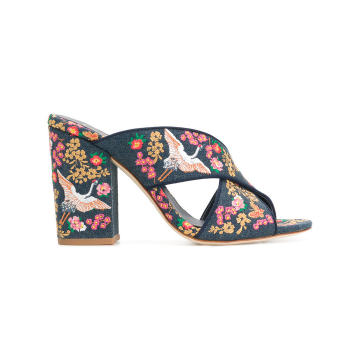 floral embroidered block heel sandals