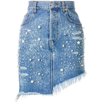 pearl embellished denim skirt