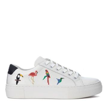 Moa Tropical White Leather Sneaker With Tropical Birds