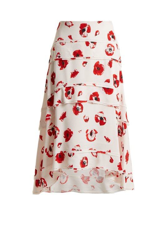 Poppy-print tiered crepe skirt展示图