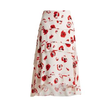 Poppy-print tiered crepe skirt