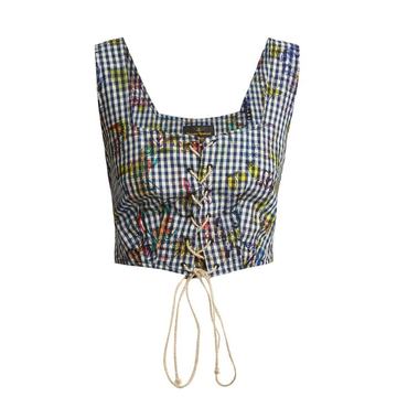 Floral-print gingham cropped top