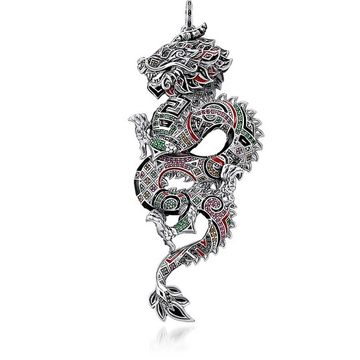 Blackened Sterling Silver, Enamel and Glass-ceramic Stones Medium Chinese Dragon Pendant