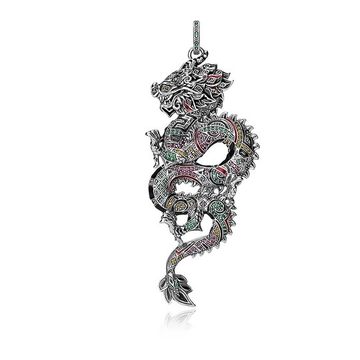 Blackened Sterling Silver, Enamel and Multicolor Glass-ceramic Stones Small Chinese Dragon Pendant