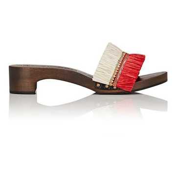 Raffia-Fringed Wooden Clogs