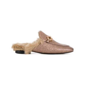 faux fur-lined embellished mules