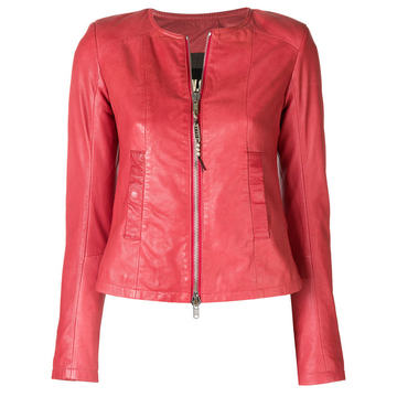 collarless leather jacket