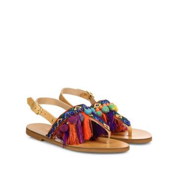 Dizzy Parrot Embroidered Leather Flat Slingback Sandals