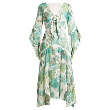 Leaf-print tie-front crepe dress