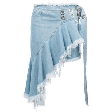 asymmetric raw hem denim mini skirt