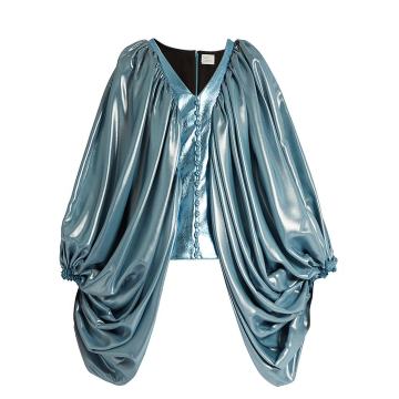 Balloon-sleeve silk-blend and faux-leather top