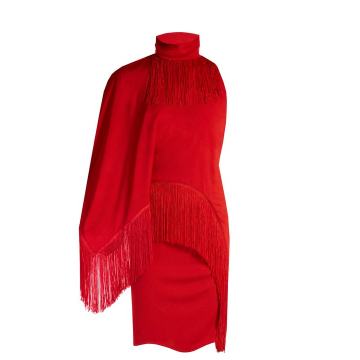 Fringed high-neck compact-jersey dress