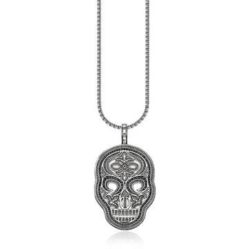 Blackened 925 Sterling Silver and Zirconia Pave Necklace w/Skull Pendant