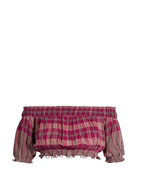 Oeste off-the-shoulder plaid cropped top展示图