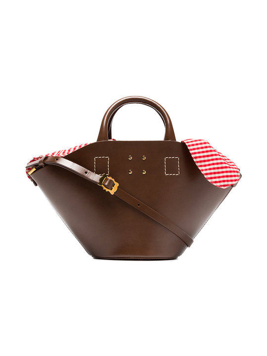 brown small leather basket gingham bag展示图
