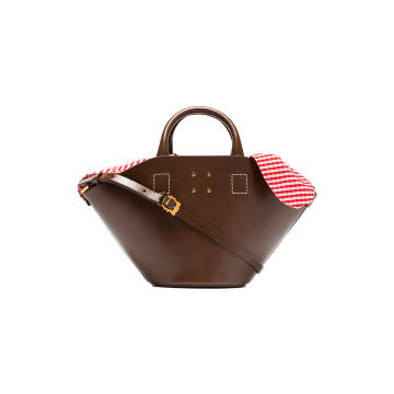 brown small leather basket gingham bag
