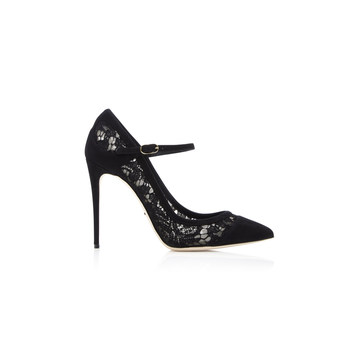 Suede-Trimmed Lace Pumps