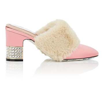 Candy Faux-Fur-Trimmed Satin Mules