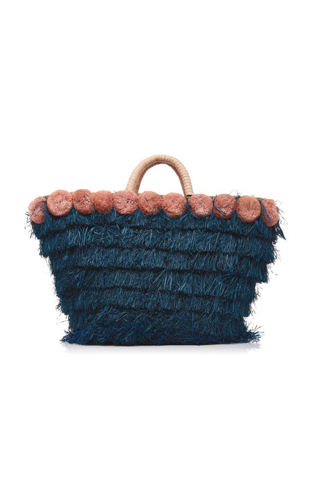 Lucca Pompom-Embellished Fringed Raffia Tote展示图