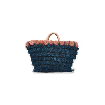 Lucca Pompom-Embellished Fringed Raffia Tote