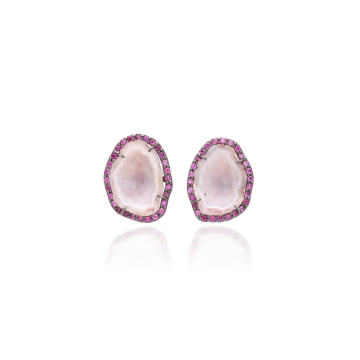 18K White Gold, Pink Sapphire and Light Geode Earrings