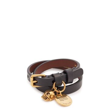 Skull-charm wraparound leather bracelet