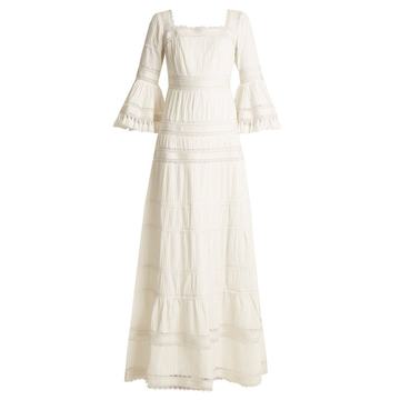 Fluted-sleeve pleated cotton maxi dress