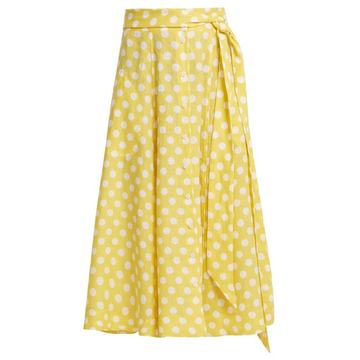 Polka dot-print tie-waist linen skirt