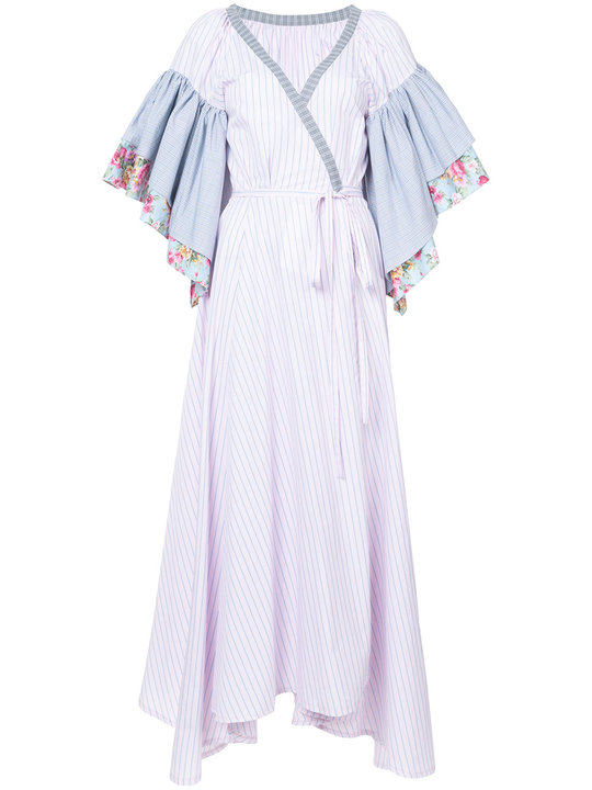 floral striped ruffle sleeve wrap dress展示图