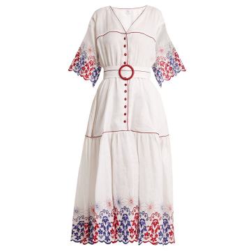 Belted embroidered linen dress