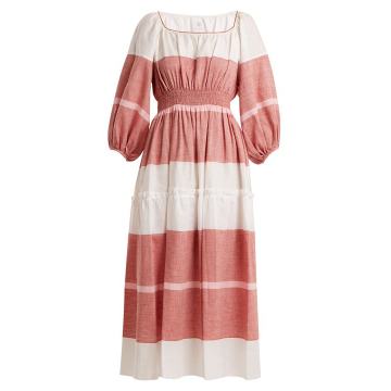 Puff-sleeved striped linen-blend dress