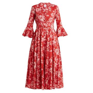 Belted bell-sleeve floral-print cotton dress