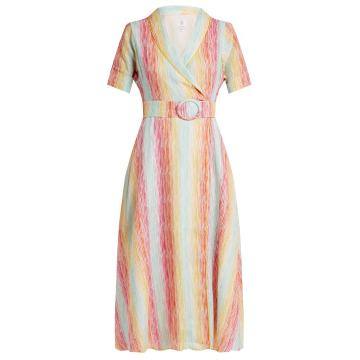 Shawl-collar striped linen dress