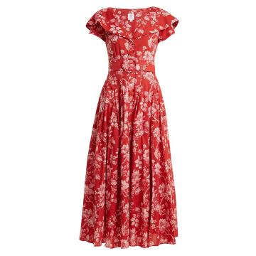 Belted floral-print cotton dress