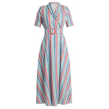 Shawl-collar striped cotton-blend dress