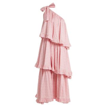 One-shoulder chevron-striped cotton dress