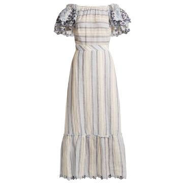 Ruffled-sleeve striped linen dress