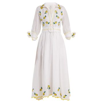 Lemon-embroidered point-collar linen dress