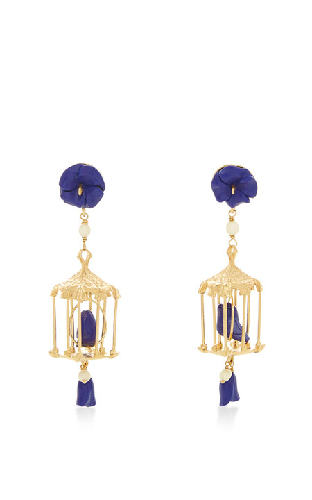 Pagoda 18K Yellow Gold Vermeil, Lapis and White Agate Earrings展示图