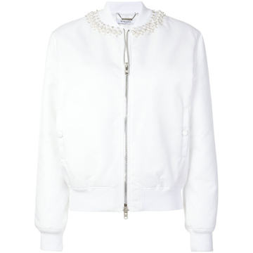 ribbed pearl-embellished neck baseball-style jacket