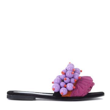 Elina Linardaki Berry Berry Black Leather Sandal With Pearls And Rouches