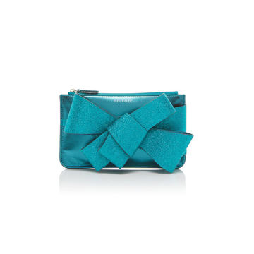 Mini Bow-Detailed Glittered Leather Clutch