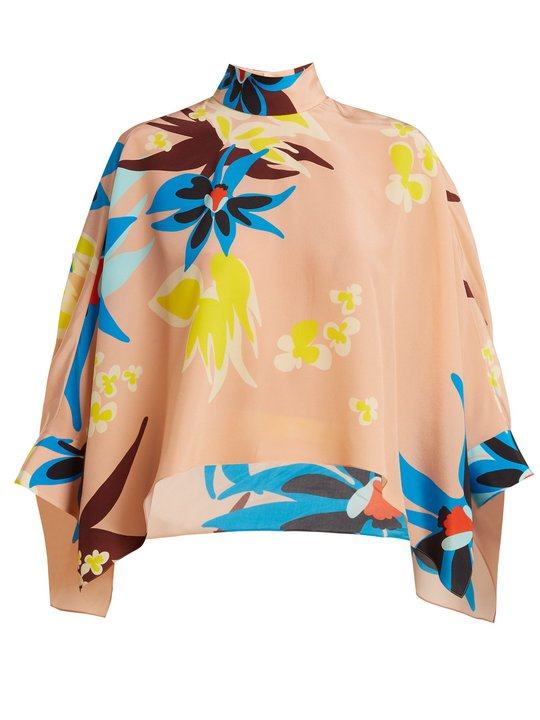 Cape-sleeve Hibiscus-print silk blouse展示图