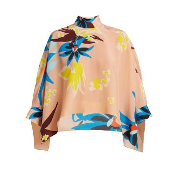 Cape-sleeve Hibiscus-print silk blouse
